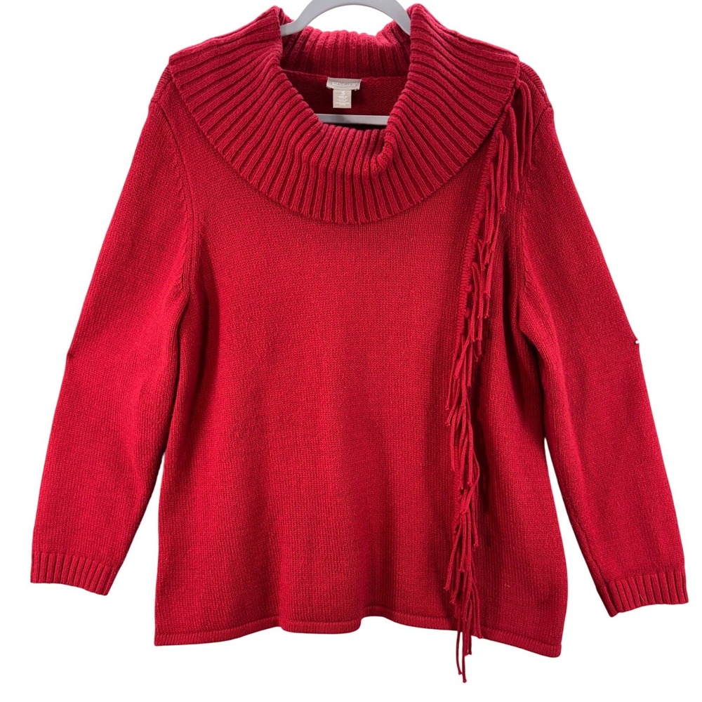 Chico's Sweater Womens Sz XL 3 Cowl Neck Red Fringe Cotton Blend Knit Pullover